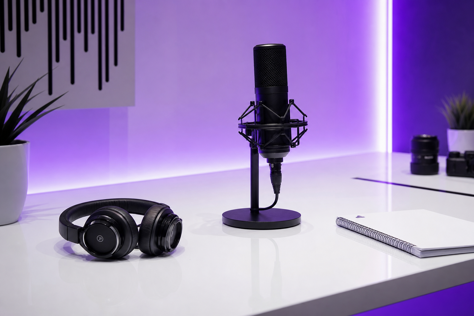 Professionelles Audio-Recording-Setup auf hellem Holzschreibtisch mit Mikrofon und Kopfhörern